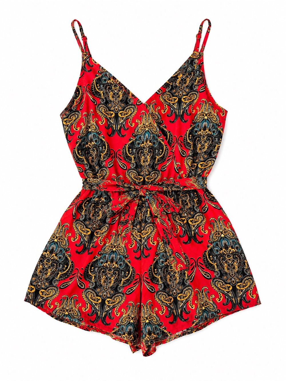 Red Paisley Print Spaghetti Strap Romper